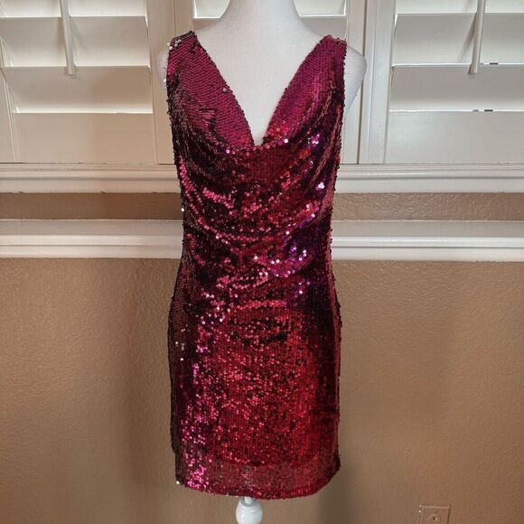 Nasty Gal Women's 8 Cowl Neck Sequin Mini Dress Pink Party Cocktail Disco Barbie - Picture 1 of 7